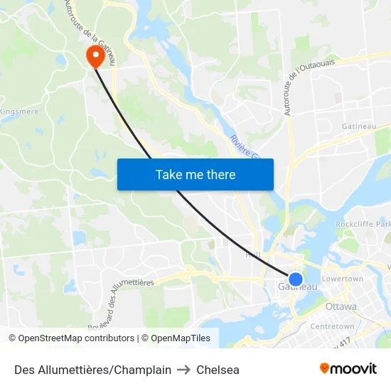 Des Allumettières/Champlain to Chelsea map