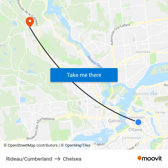 Rideau/Cumberland to Chelsea map