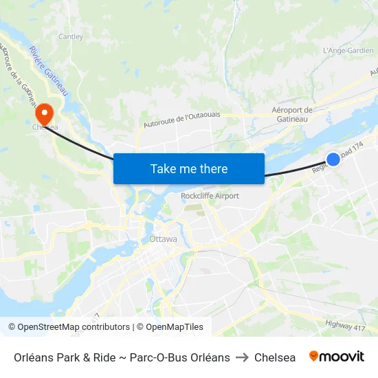 Orléans Park & Ride ~ Parc-O-Bus Orléans to Chelsea map