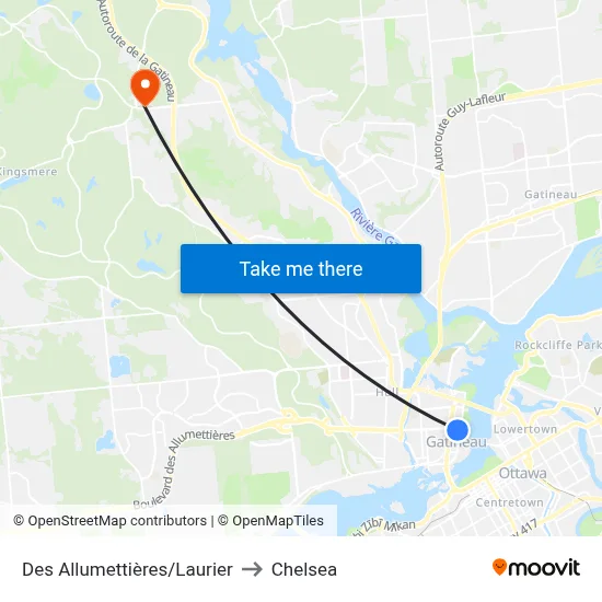 Des Allumettières/Laurier to Chelsea map