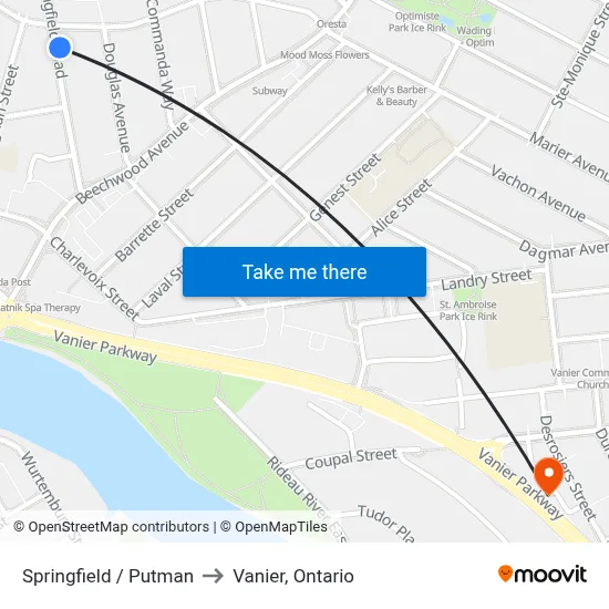 Springfield / Putman to Vanier, Ontario map