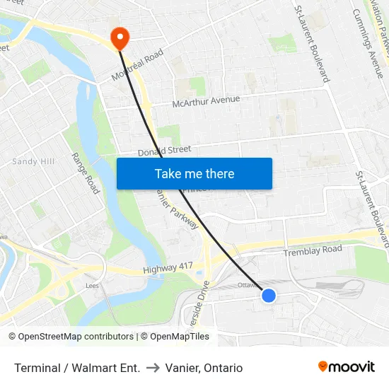 Terminal / Walmart Ent. to Vanier, Ontario map