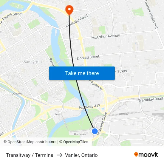 Transitway / Terminal to Vanier, Ontario map