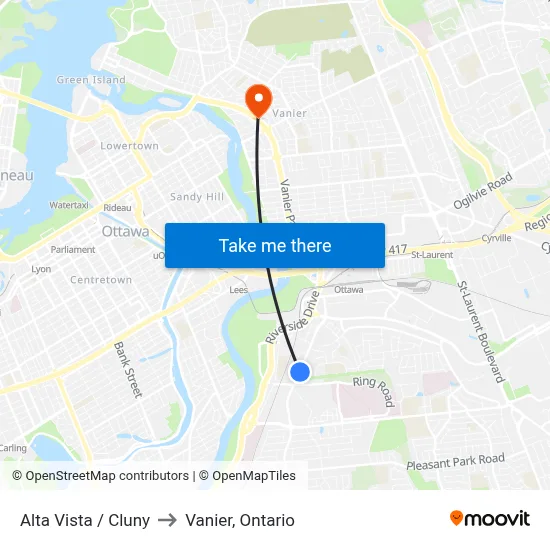 Alta Vista / Cluny to Vanier, Ontario map