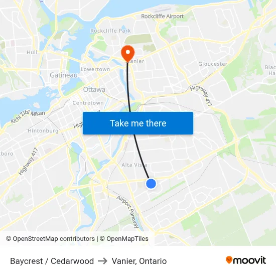 Baycrest / Cedarwood to Vanier, Ontario map