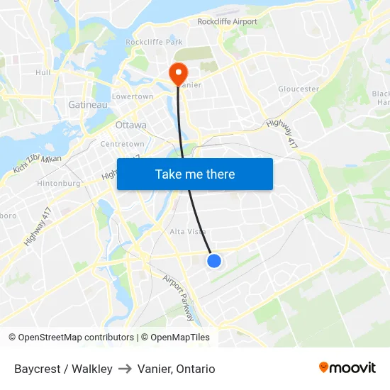 Baycrest / Walkley to Vanier, Ontario map