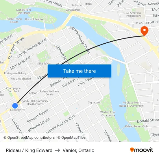 Rideau / King Edward to Vanier, Ontario map