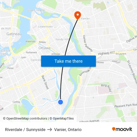 Riverdale / Sunnyside to Vanier, Ontario map
