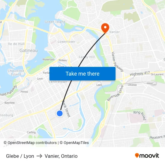 Glebe / Lyon to Vanier, Ontario map