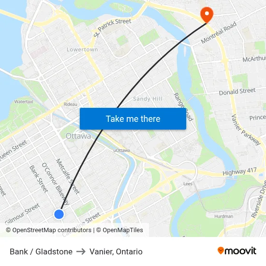 Bank / Gladstone to Vanier, Ontario map