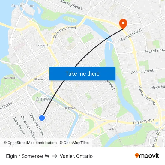 Elgin / Somerset W to Vanier, Ontario map