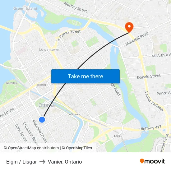 Elgin / Lisgar to Vanier, Ontario map