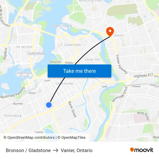 Bronson / Gladstone to Vanier, Ontario map