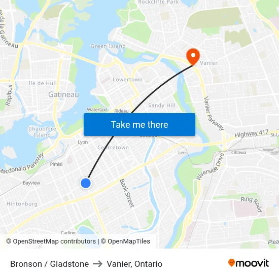 Bronson / Gladstone to Vanier, Ontario map
