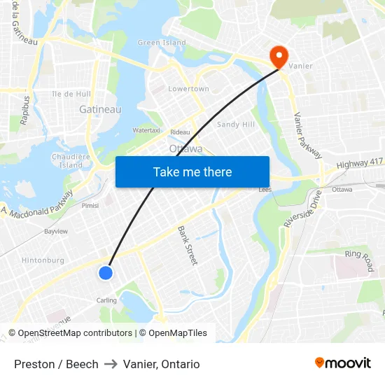 Preston / Beech to Vanier, Ontario map