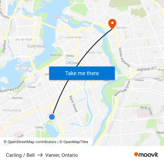 Carling / Bell to Vanier, Ontario map