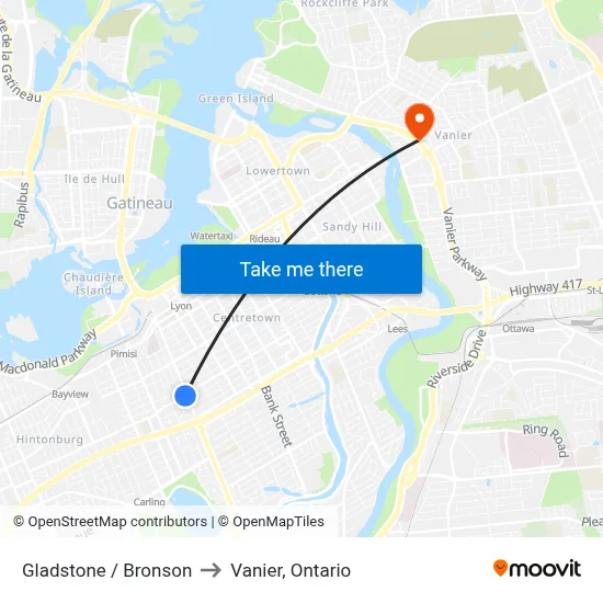 Gladstone / Bronson to Vanier, Ontario map