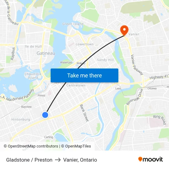 Gladstone / Preston to Vanier, Ontario map