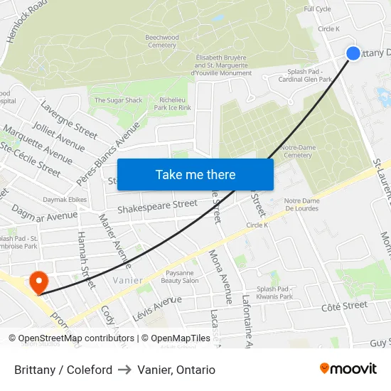 Brittany / Coleford to Vanier, Ontario map