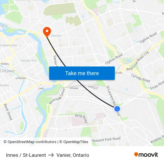 Innes / St-Laurent to Vanier, Ontario map