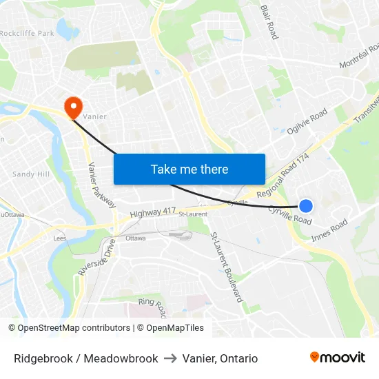 Ridgebrook / Meadowbrook to Vanier, Ontario map
