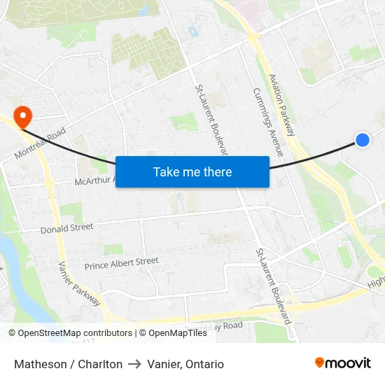 Matheson / Charlton to Vanier, Ontario map