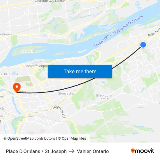 Place D'Orléans / St Joseph to Vanier, Ontario map
