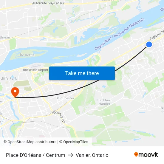 Place D'Orléans / Centrum to Vanier, Ontario map