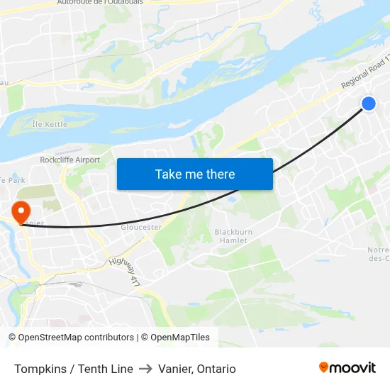 Tompkins / Tenth Line to Vanier, Ontario map