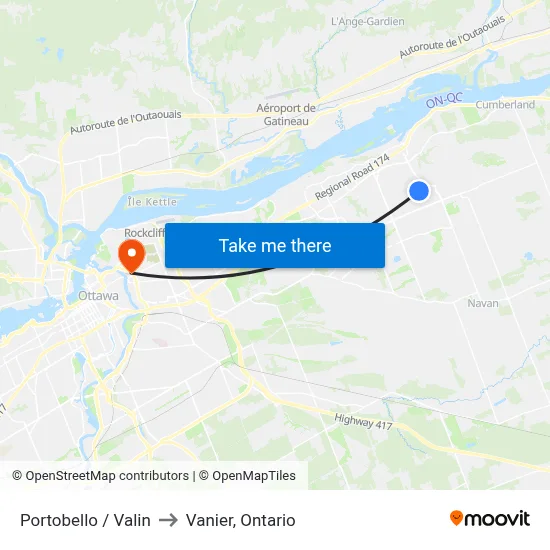 Portobello / Valin to Vanier, Ontario map