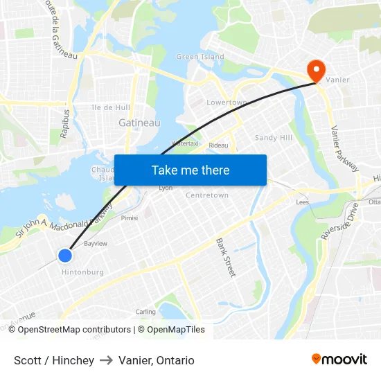 Scott / Hinchey to Vanier, Ontario map
