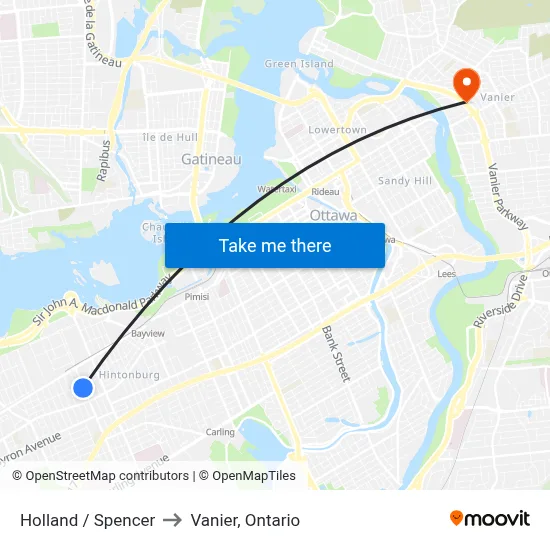 Holland / Spencer to Vanier, Ontario map