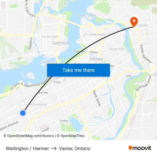 Wellington / Harmer to Vanier, Ontario map