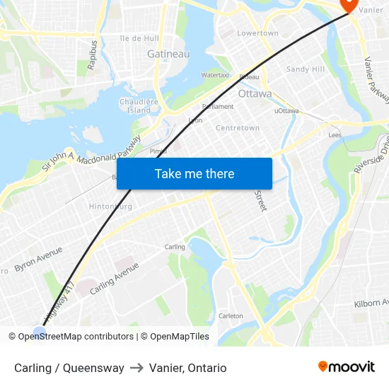 Carling / Queensway to Vanier, Ontario map