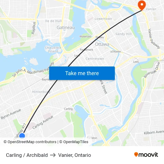 Carling / Archibald to Vanier, Ontario map