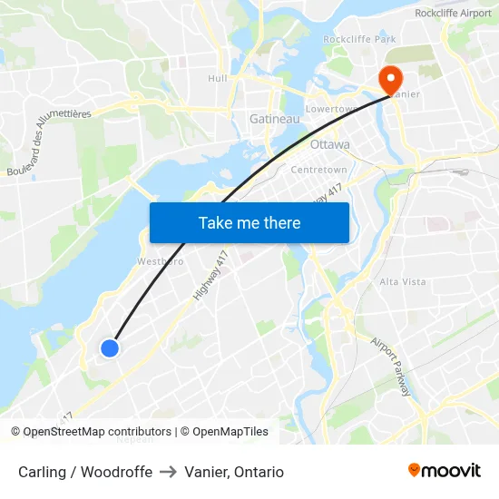 Carling / Woodroffe to Vanier, Ontario map