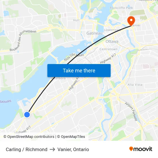 Carling / Richmond to Vanier, Ontario map