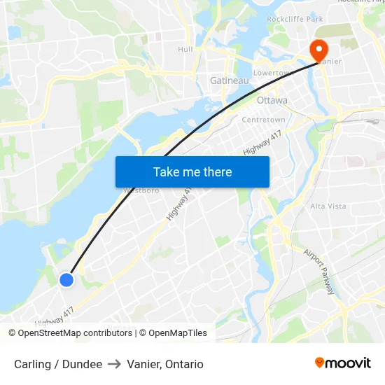 Carling / Dundee to Vanier, Ontario map