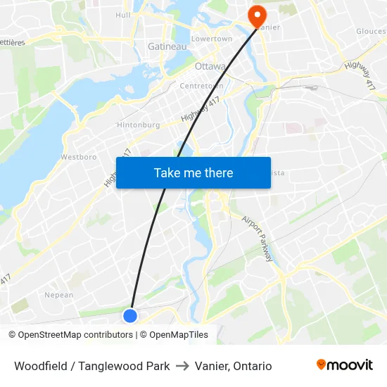 Woodfield / Tanglewood Park to Vanier, Ontario map