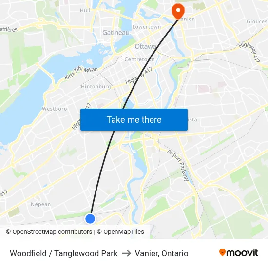 Woodfield / Tanglewood Park to Vanier, Ontario map