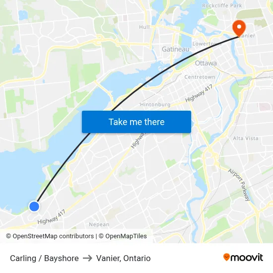 Carling / Bayshore to Vanier, Ontario map