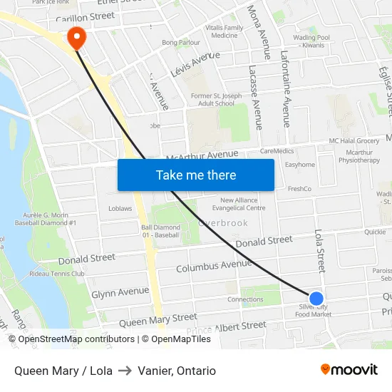 Queen Mary / Lola to Vanier, Ontario map