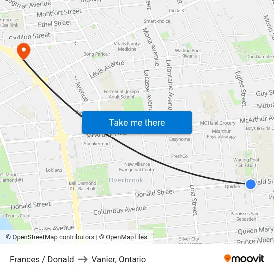 Frances / Donald to Vanier, Ontario map