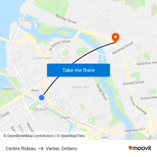Centre Rideau to Vanier, Ontario map