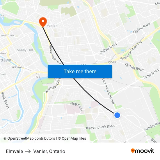 Elmvale to Vanier, Ontario map