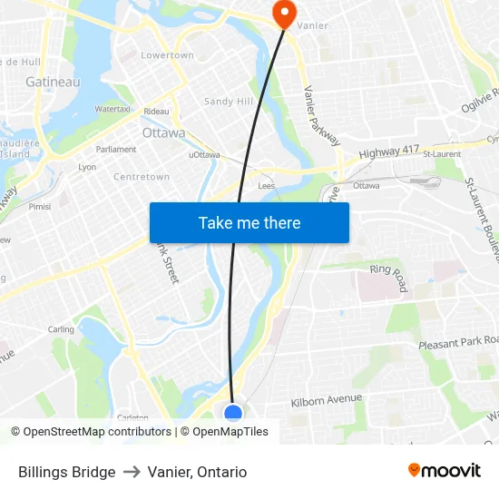 Billings Bridge to Vanier, Ontario map