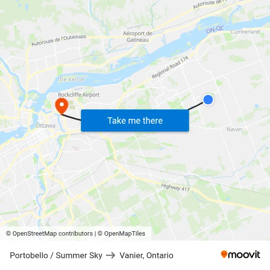 Portobello / Summer Sky to Vanier, Ontario map