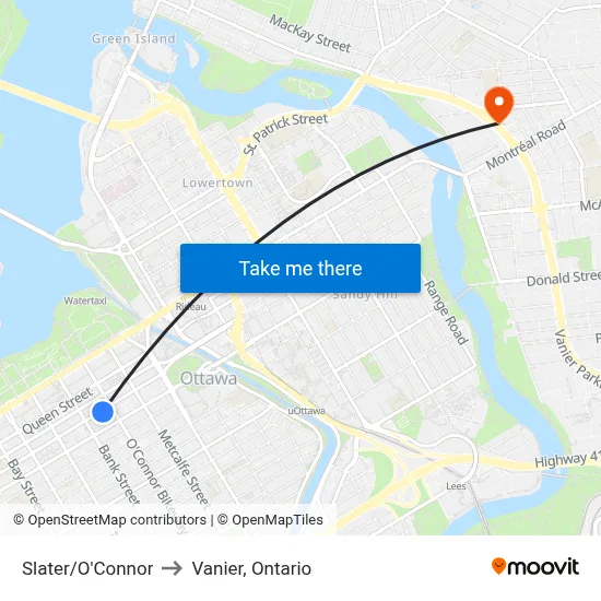 Slater/O'Connor to Vanier, Ontario map