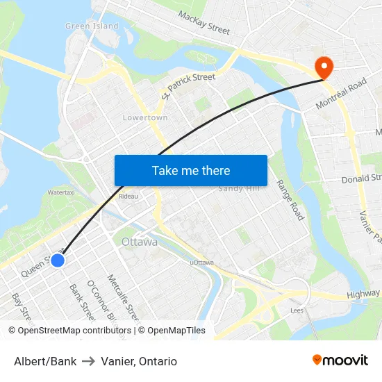 Albert/Bank to Vanier, Ontario map