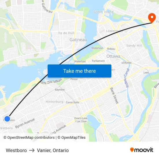Westboro to Vanier, Ontario map